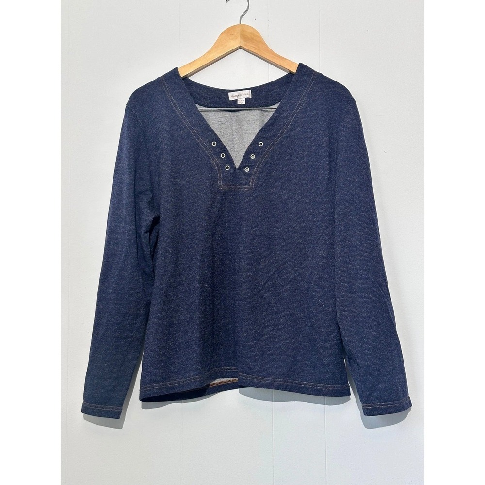Monroe & Main Top Women 1X Blue Grommet V-Neck Long Sleeve Denim Look Pullover